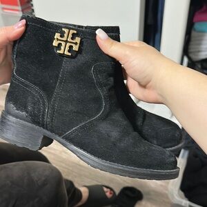 Tory Burch Black Ankle Boots with Gold Logo